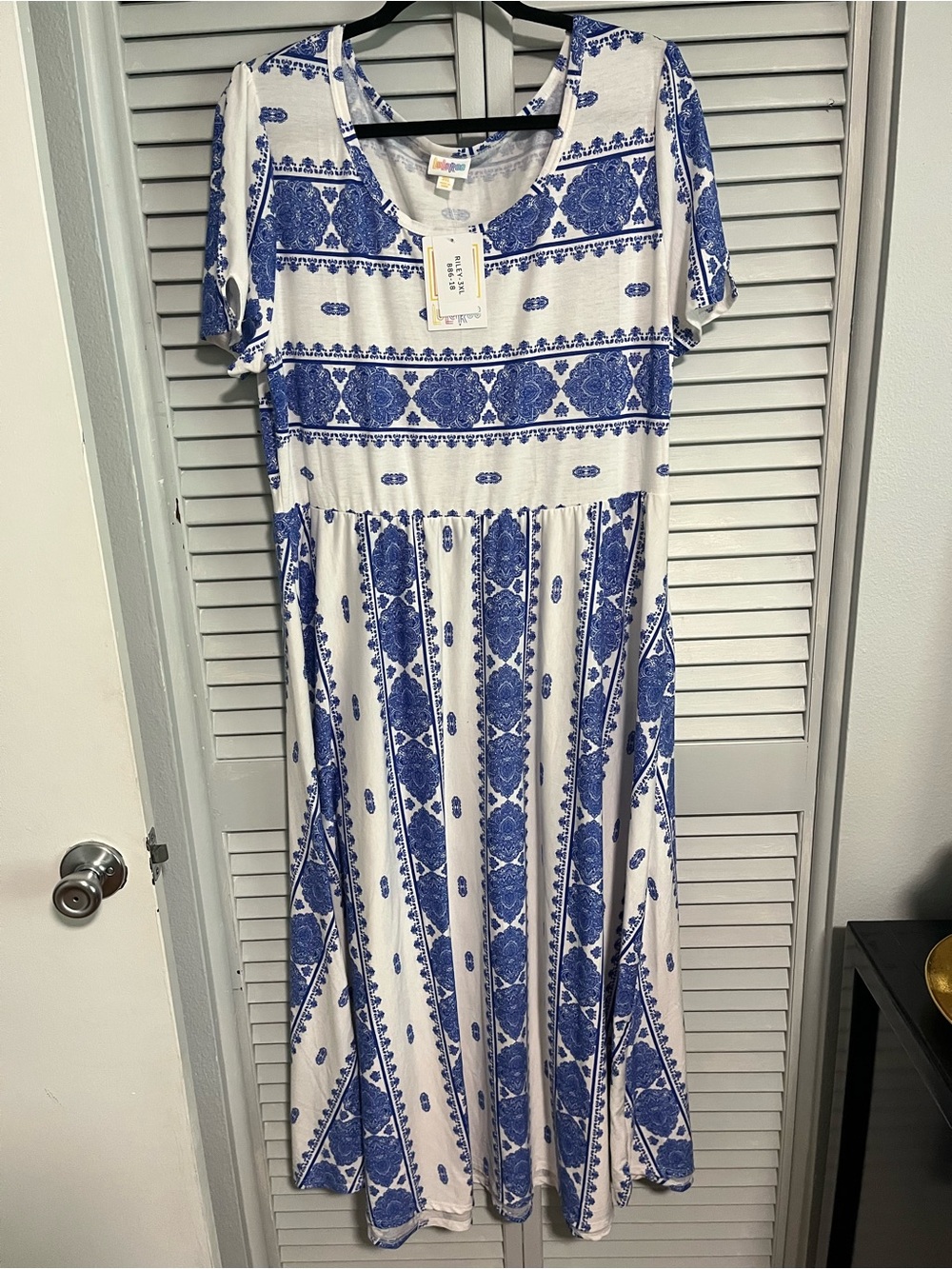 LuLaRoe Blue and White Patterned Riley Dress